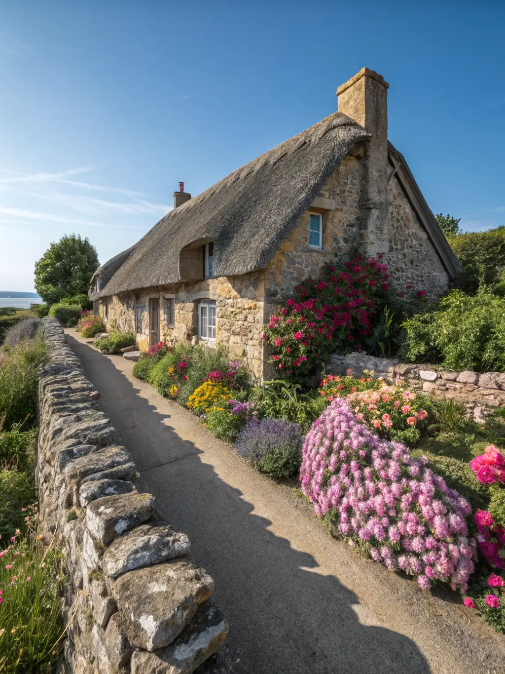 A charming, traditional Cornish cottage with a thatched roof and stone walls, surrounded by a lush garden in a rural setting.