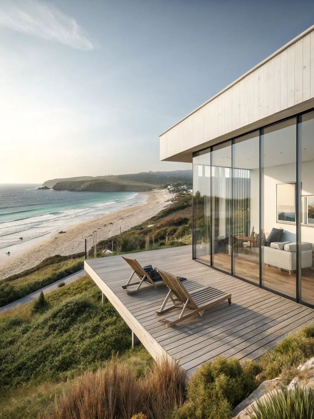 A modern, newly built house in a Cornish coastal town, showcasing its clean lines and contemporary design, set against a backdrop of the sea.