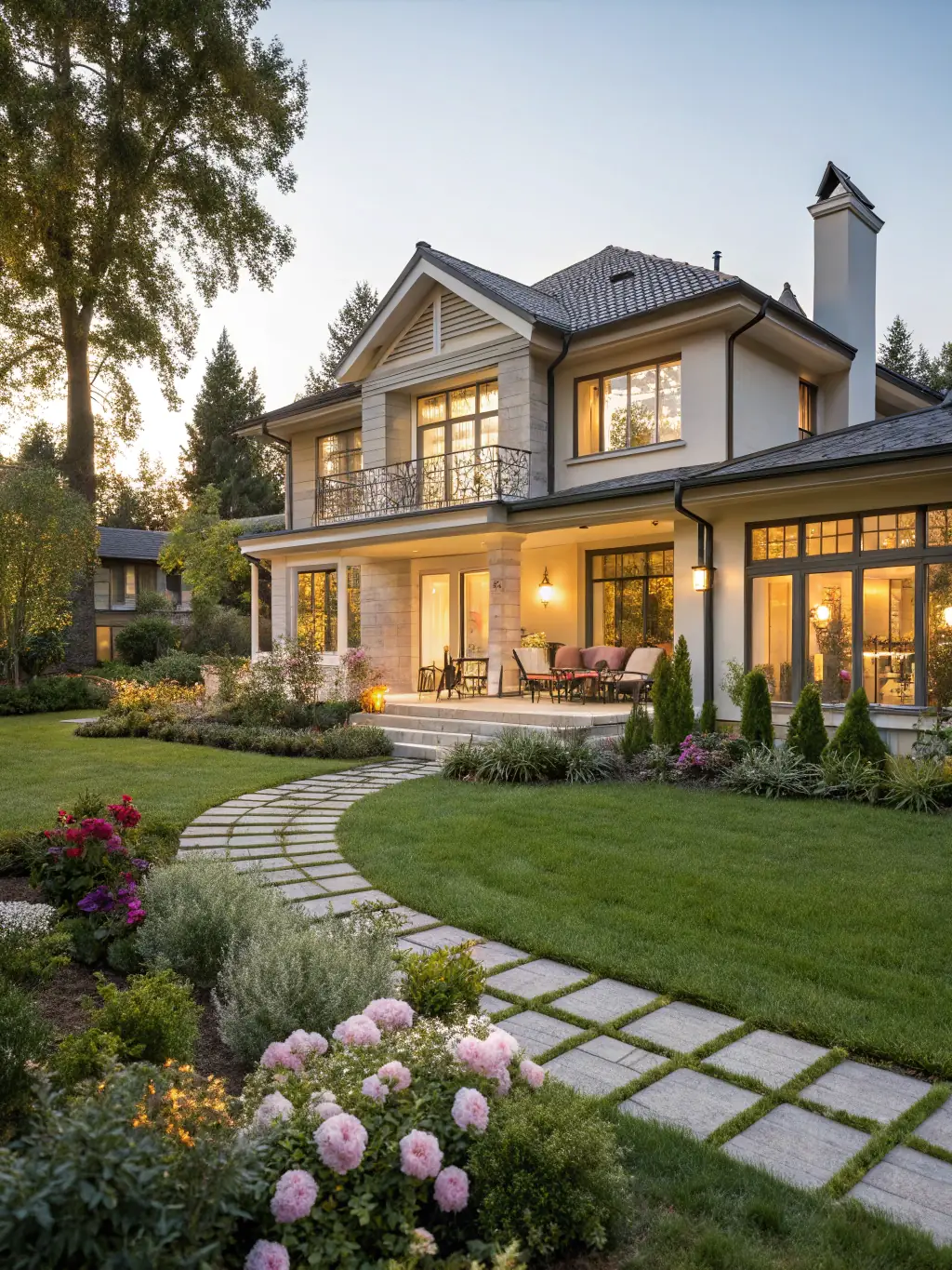 A spacious family home with a large garden and a view of rolling hills in the Cornish countryside, emphasizing its suitability for family living.